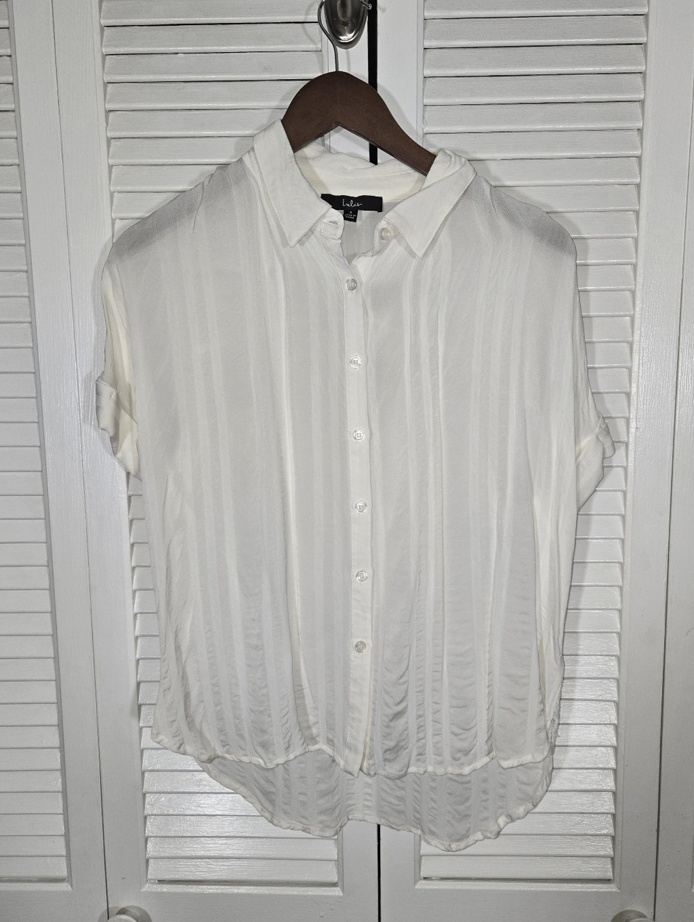 Lulus Off White Button Up Dolman Short Sleeve Collared Striped Blouse Sz S